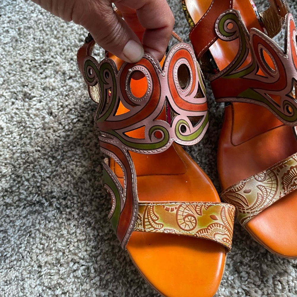 Women's Orange & Green Decorative Leather Heel Sandals sz 38 EUC - Picture 13 of 13